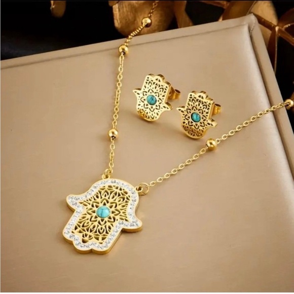 Jewelry - Gold and Turquoise Hamsa Necklace and Earring Set